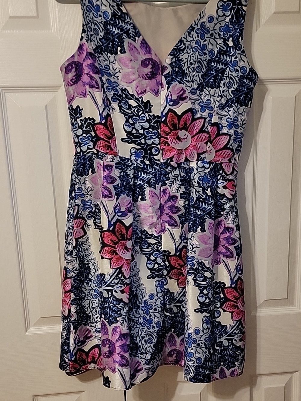 Floral V-Neck Summer Dress - White with Pink & Blue Floral Print